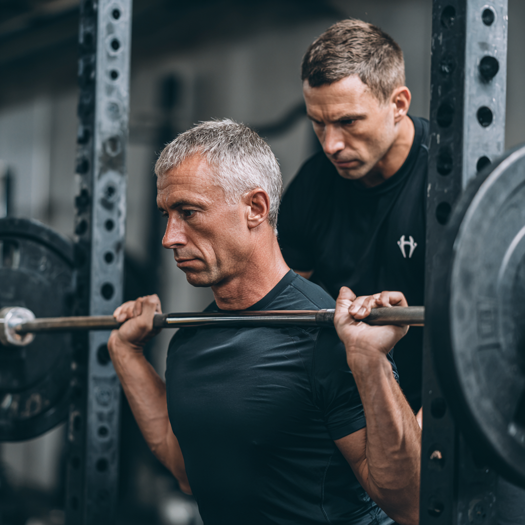 Мъж на 52 години тренира с щанга в безопасна силова рамка под наблюдението на професионален треньор