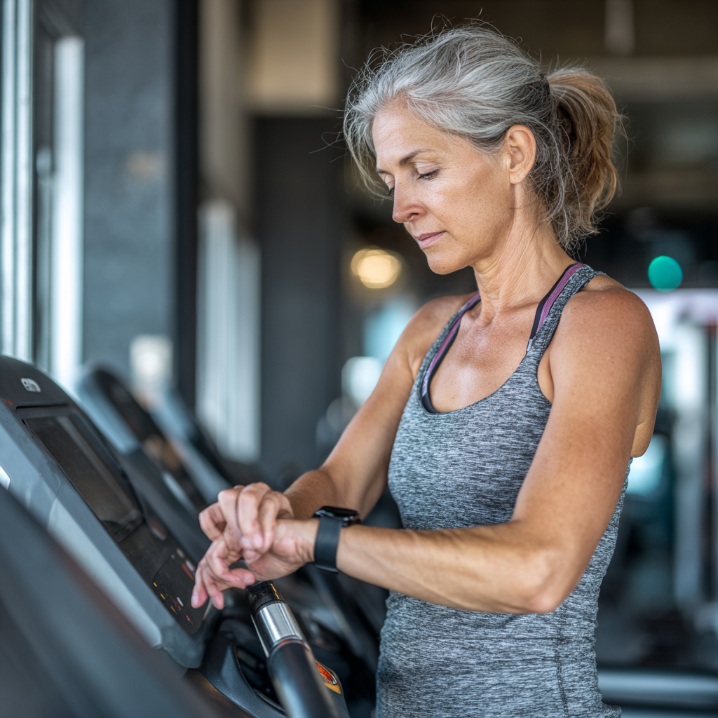 Жена на 56 години проверява пулса си на ръката след интензивна кардио тренировка в модерен фитнес център