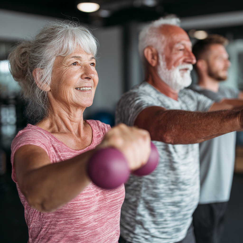 Група от трима възрастни хора между 54-58 години правят енергични функционални упражнения в ритъм