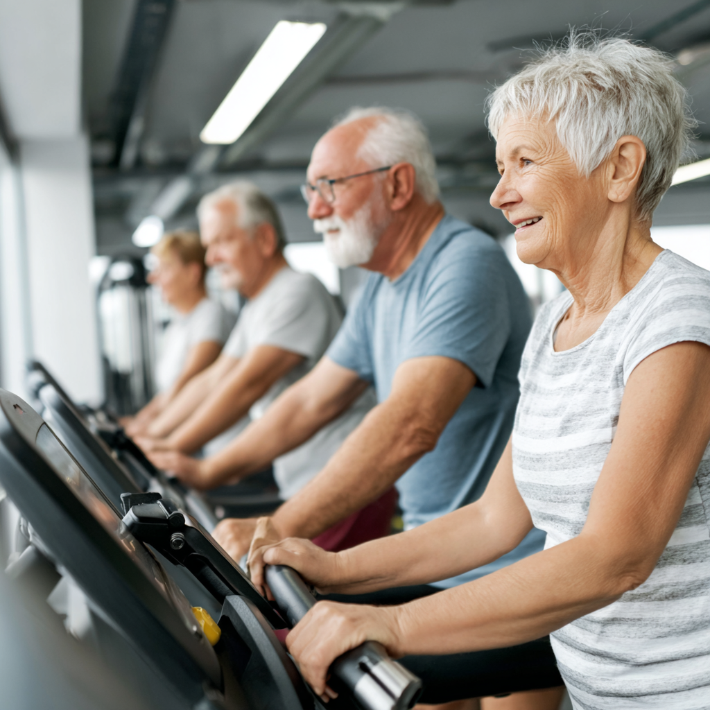 Четирима възрастни хора между 52-59 години тренират заедно в ритъм с модерно фитнес оборудване в светла зала